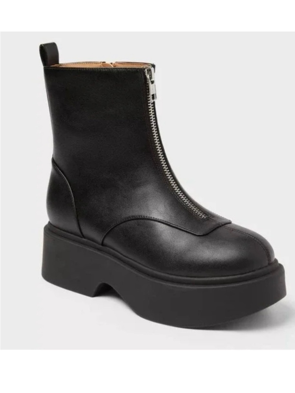 Black Front-Zip Platform Ankle Boots